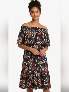 Cantao Off-Shoulder Black Floral Midi Dress With Flutter Sleeves Med